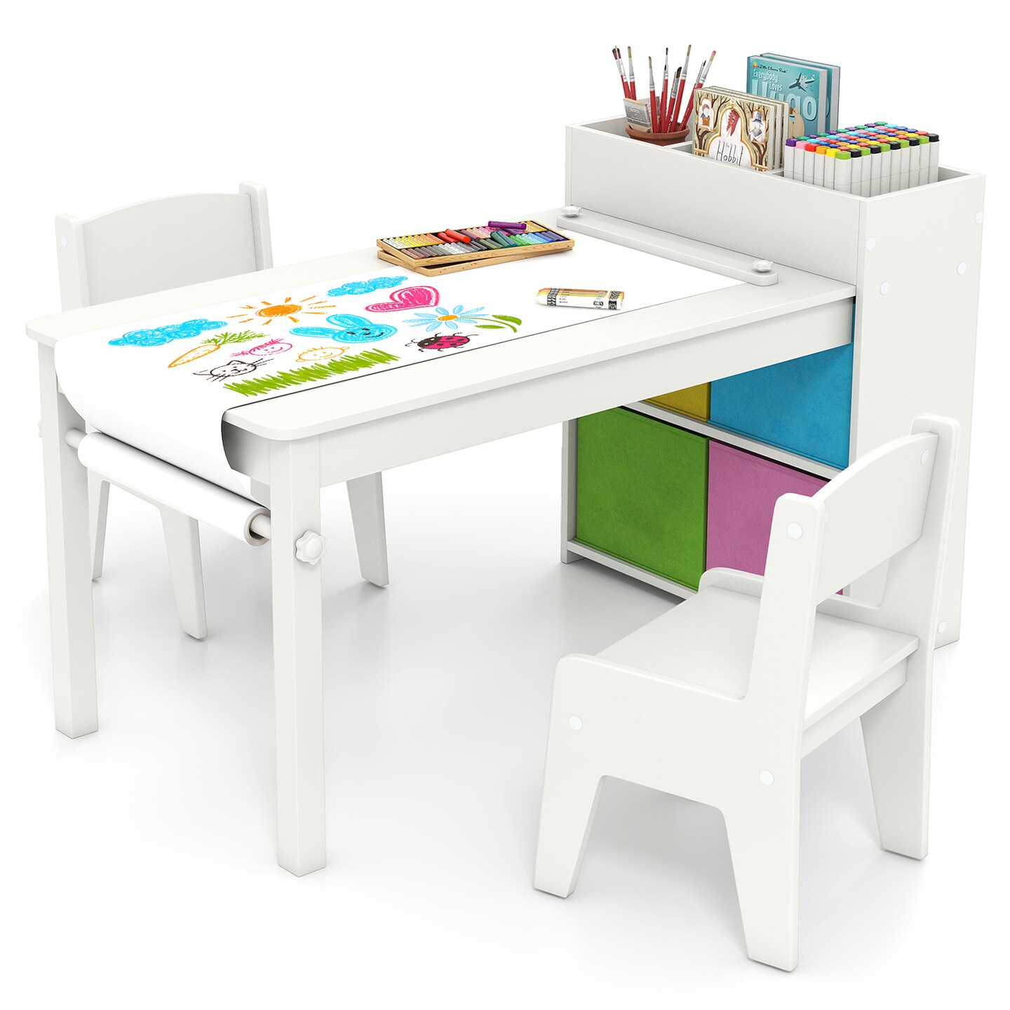 White MDF Metal Kids Art Table and Chair Set with Storage and Paper Roll