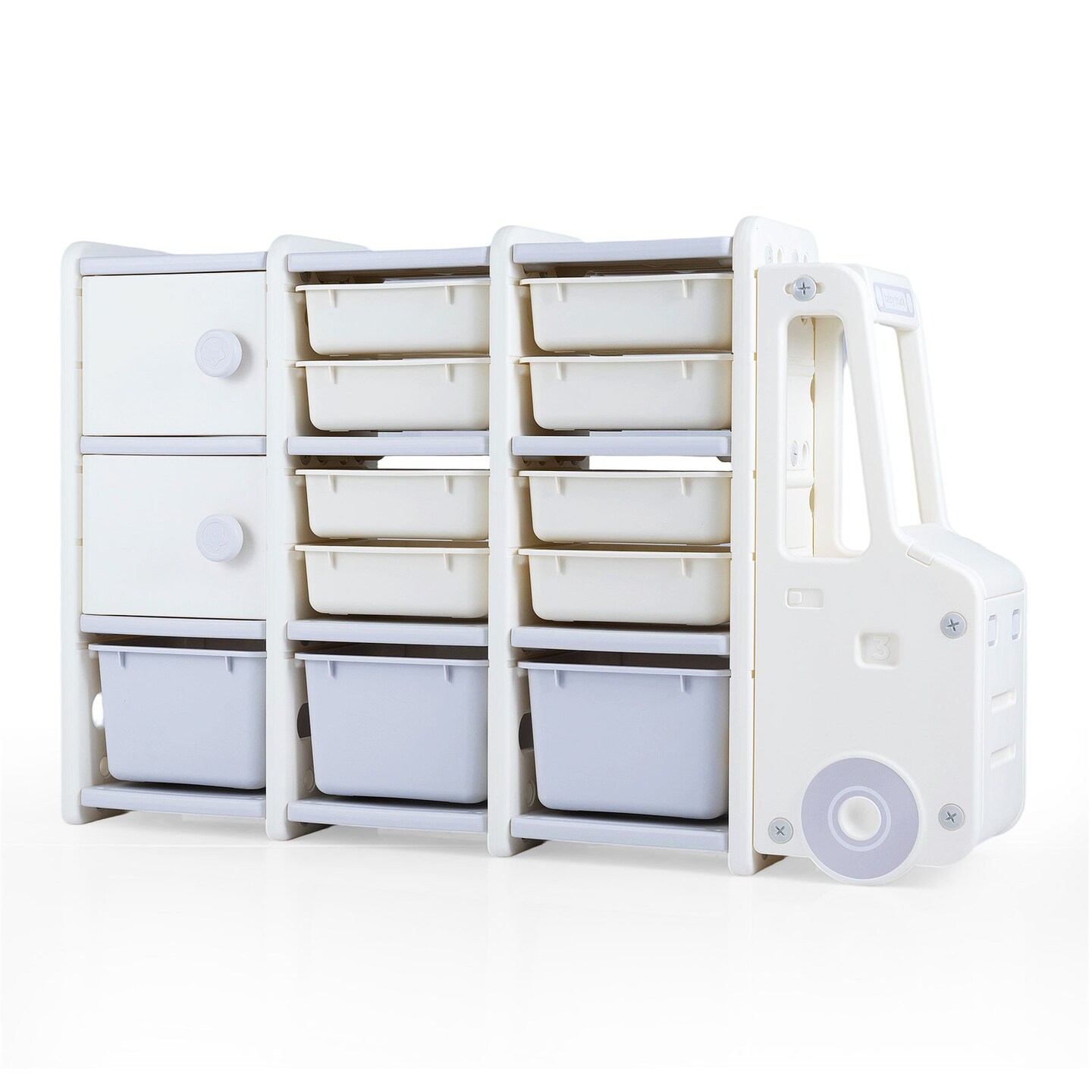 Off-White Grey HDPE Toy Storage Organizer Truck with Bins and Cabinets