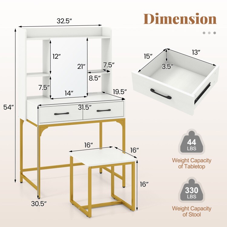 White Dressing Table with Mirror Stool and 2 Drawers USB & AC Charging for Storage Organizer