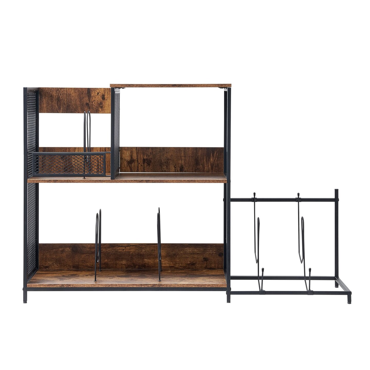 3-Tier Turntable Vinyl Record Shelf with Guitar Storage and Metal Grid Partition Adjustable Floor Feet