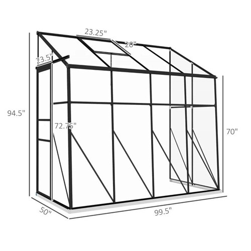 Black-Clear Aluminum Polycarbonate Lean-to Greenhouse with Sliding Door and Vents