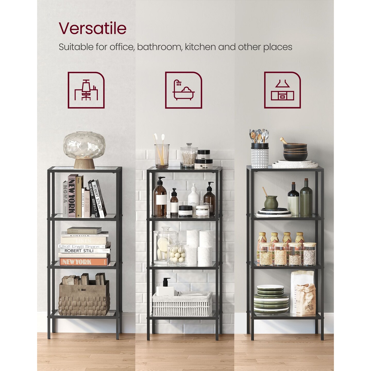 Narrow Glass Bookshelf Storage Rack Steel Frame Tempered Glass Display Shelf Black