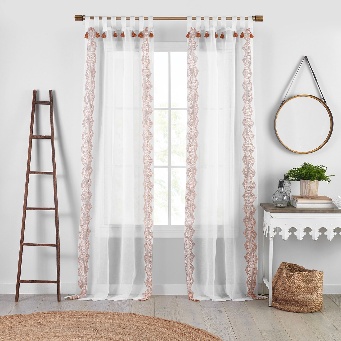 Threadmade Home Shilo Boho Sheer Tab Top Window Curtain Panel with Tassels, Terracotta - 52"W x 95"L