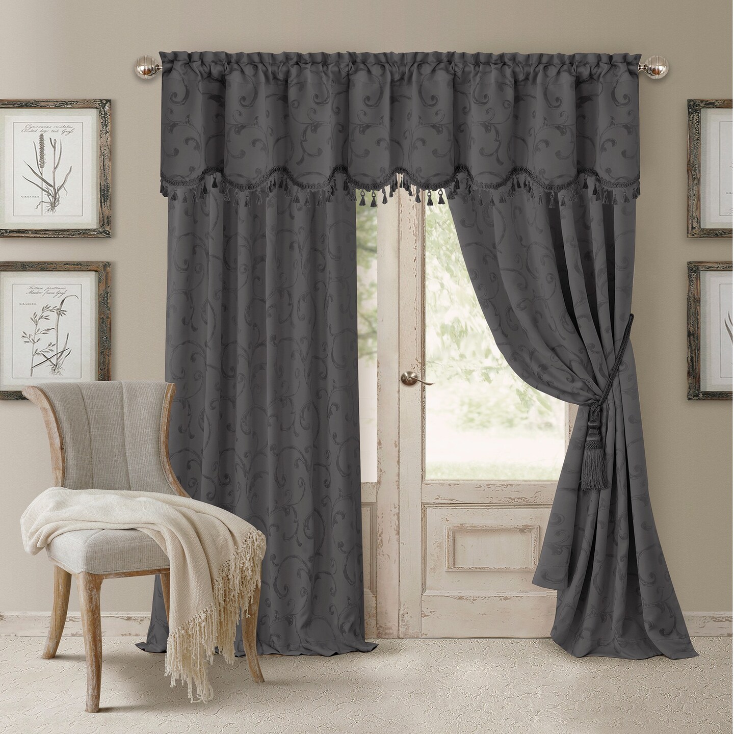 Threadmade Home Mia Jacquard Scroll Blackout Window Curtain, Gray - 52"W x 84"L