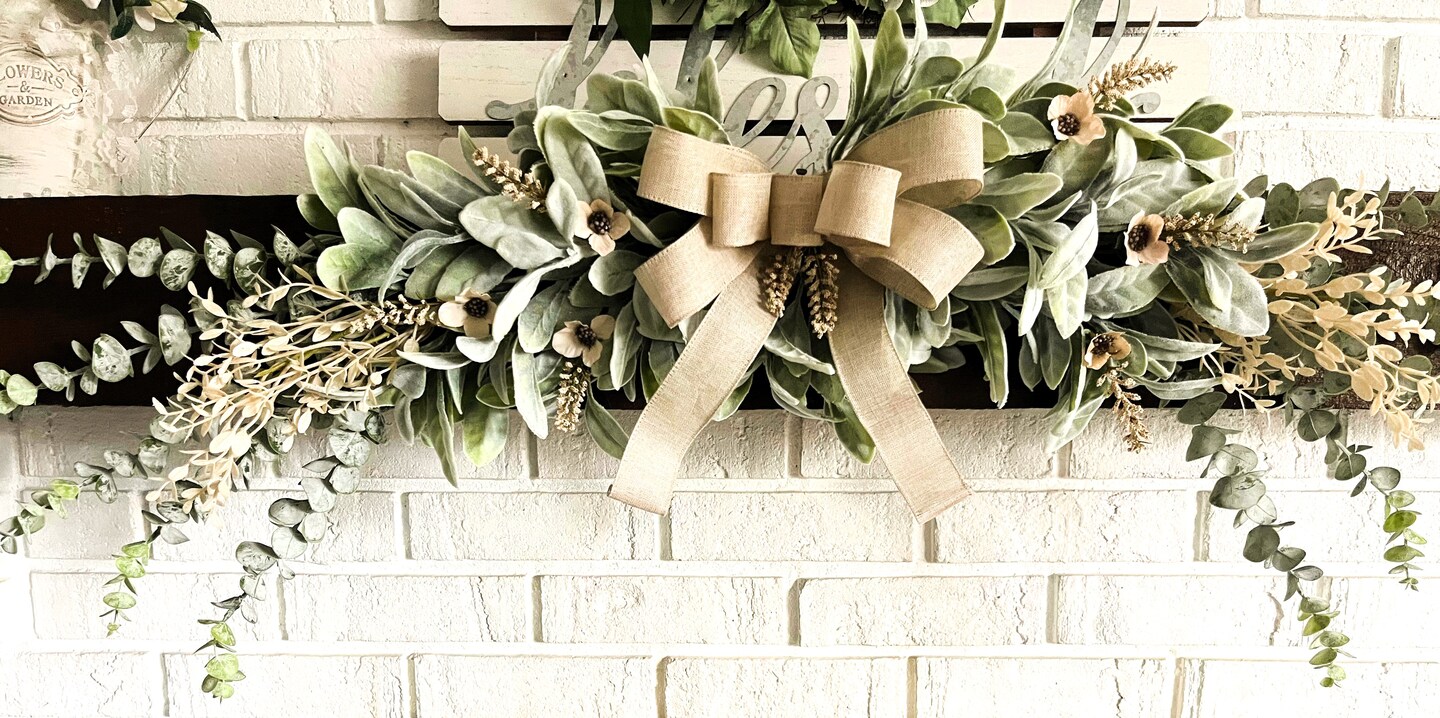 XL Farmhouse Swag, Neutral Bow, Lambs Ear, Eucalyptus, French