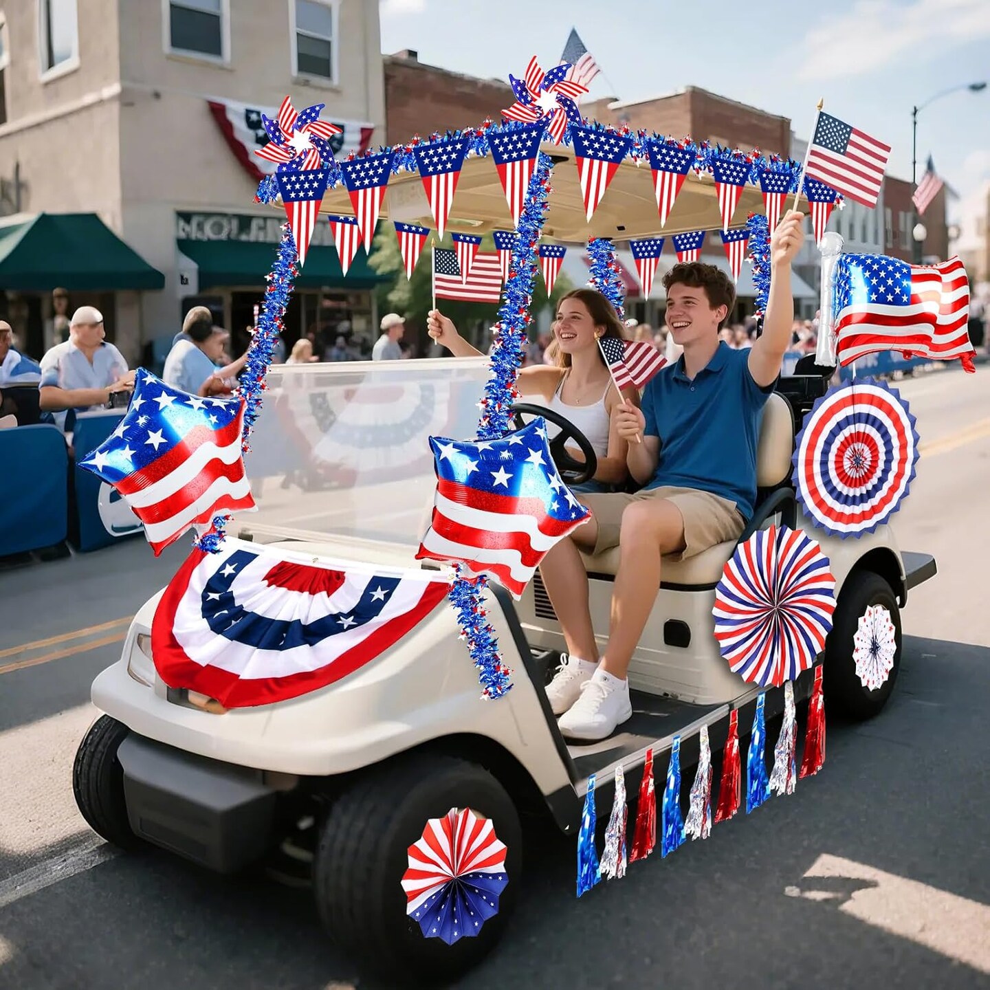 46 PCS 4th of July Golf Cart Decorations, Patriotic Independence Day Decor with Luminous Pentagram Rope, Balloons, Flags, Windmill and Tassel, Used for Outdoor Party