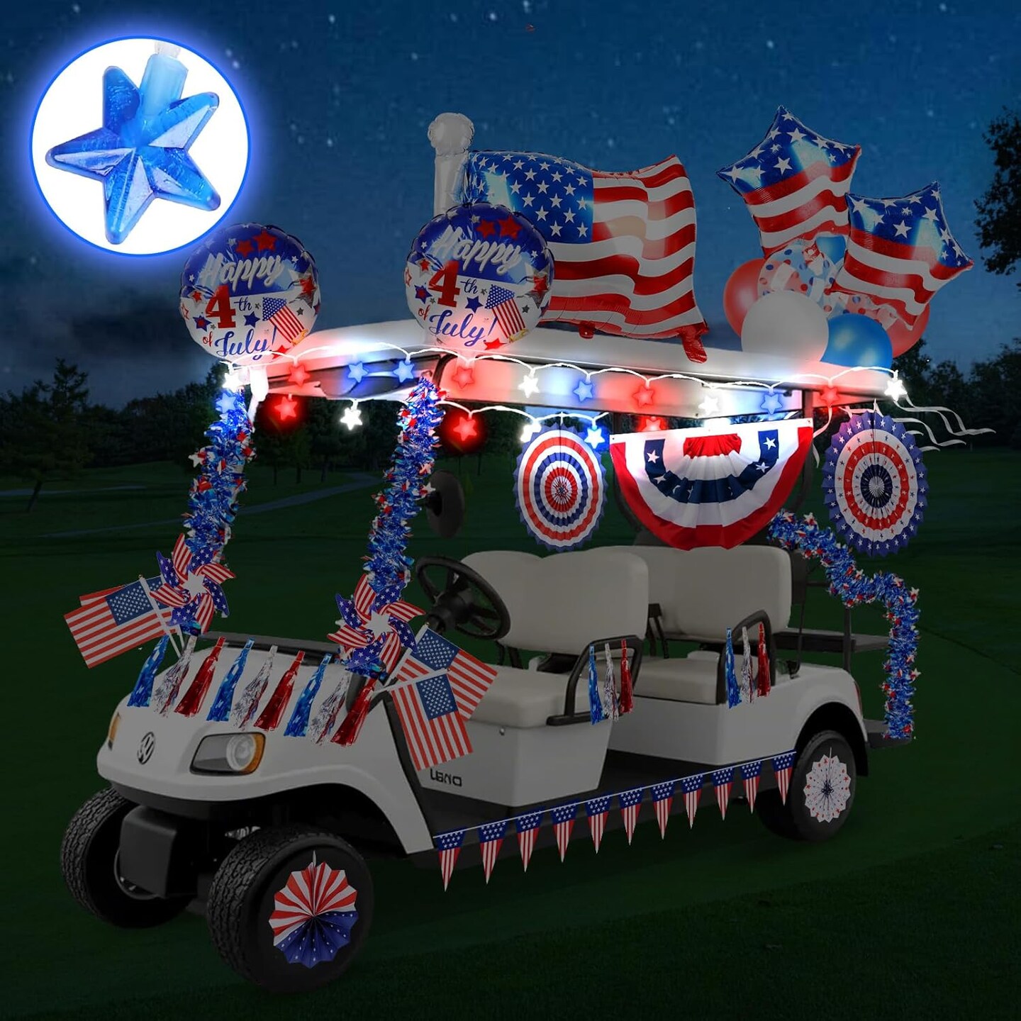 46 PCS 4th of July Golf Cart Decorations, Patriotic Independence Day Decor with Luminous Pentagram Rope, Balloons, Flags, Windmill and Tassel, Used for Outdoor Party