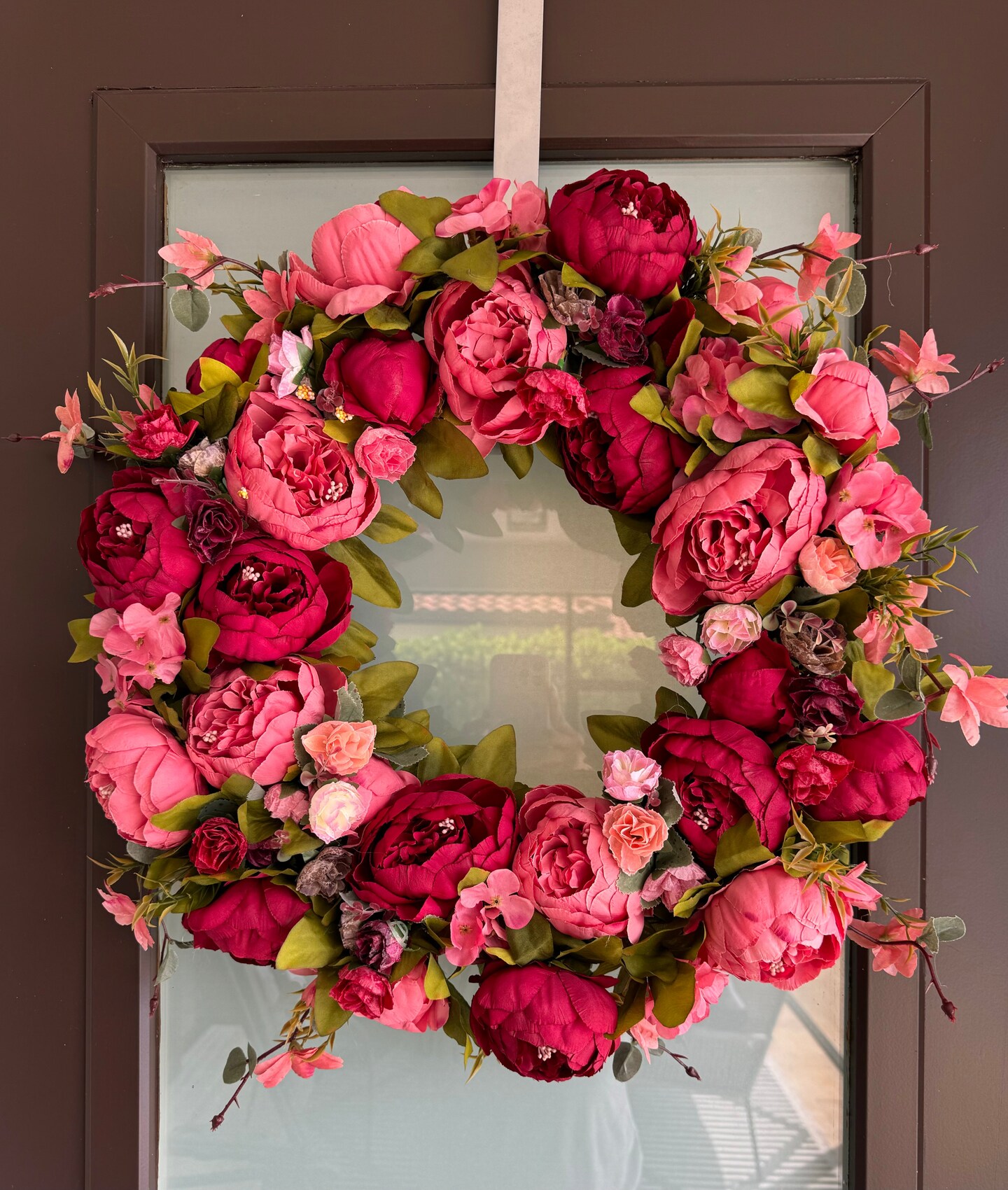 Zoey Large Burgundy Red Peachy Pink Faux Peony Flower Wreath 23" All Season Indoor Outdoor Decor Fall Autumn