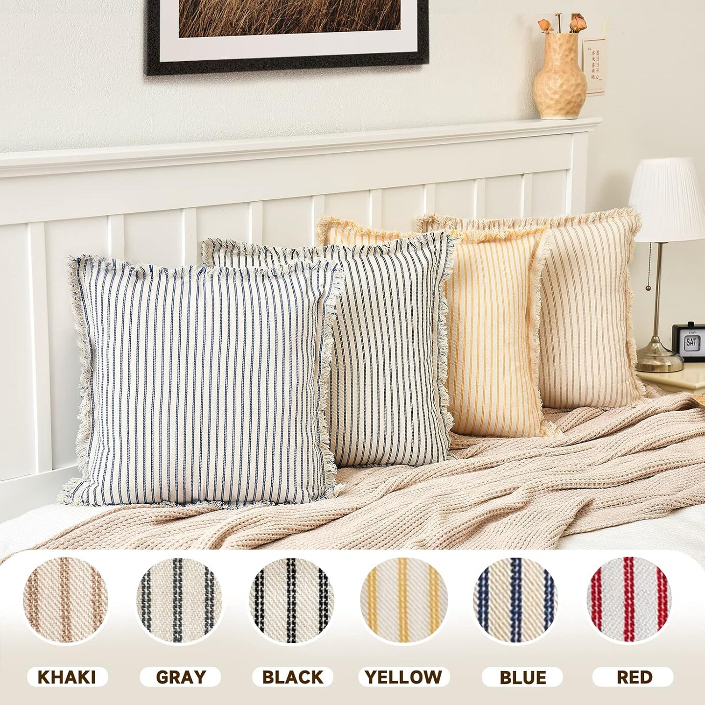 Throw Christmas Pillow Covers 18x18 Set of 2 Striped Pillow Covers with Fringe Chic Cotton Decorative Pillows Square Cushion Covers for Sofa Couch Bed Living Room Farmhouse Decor