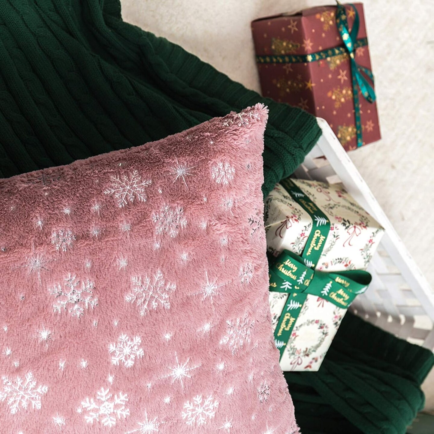 Soft Faux Fur Fuzzy Cute Decorative Throw Pillows Covers with Snowflake Glitter Printed Pillowcases for Christmas Decor Home Bed Room Sofa Chair Couch, Pink 18x18 inch, Pack of 2
