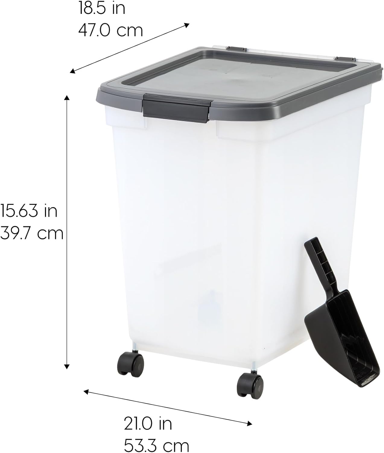 IRIS USA Dog Food Storage Container 50 lbs, with Removable Rolling Wheels & Included Scoop, for Dog Cat Bird and Other Pets, Clear/Dark Gray