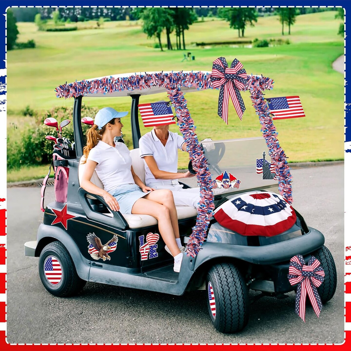 18 Pcs 4th of July Parade Golf Cart Decorations Independence Day Parade Bunting Flag Golf Cart Flags with Elastic Strap Bracket Tinsel Garland Golf Cart Stickers