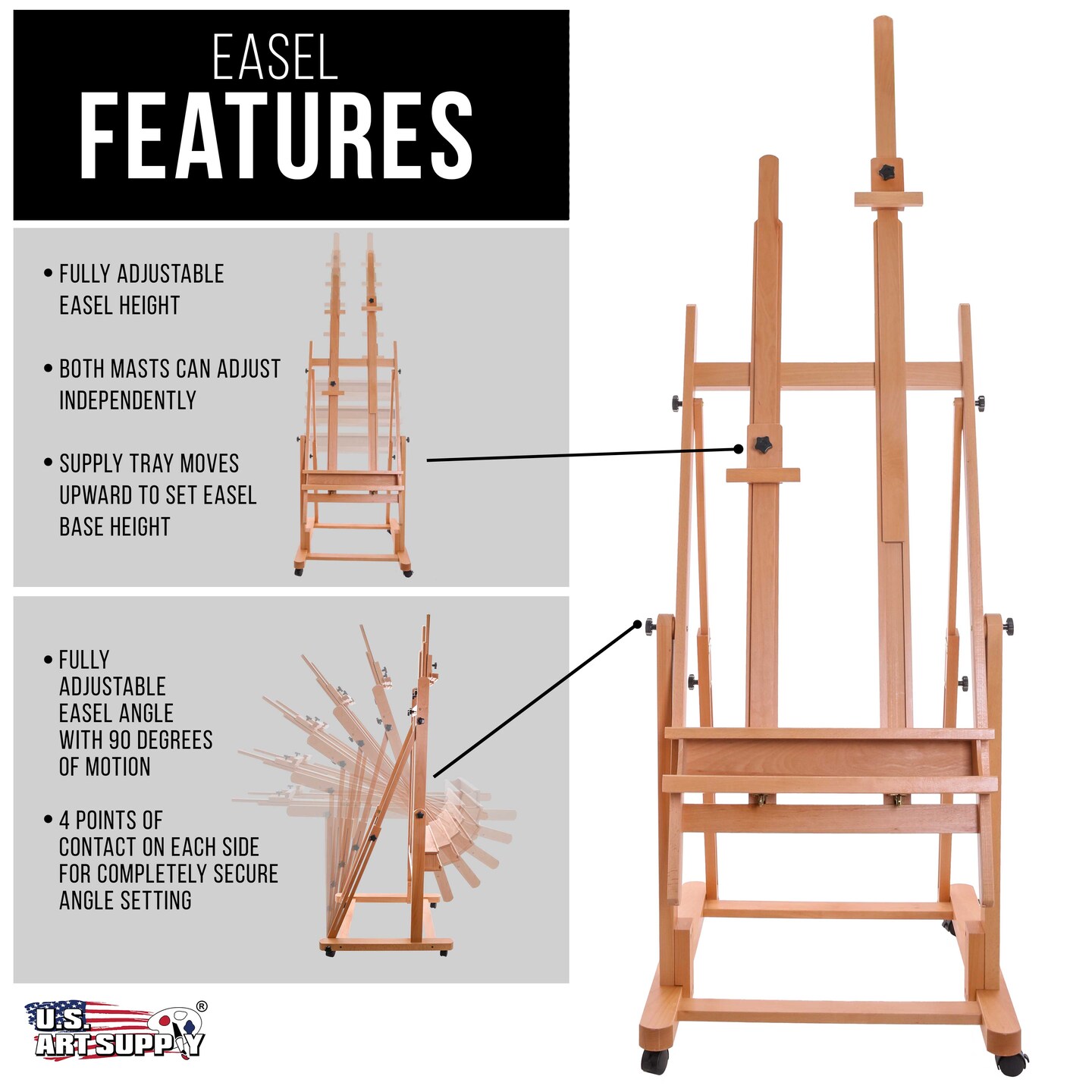 Extra Large Double Mast Wooden H-Frame Easel: Adjustable Studio Artist Easel for Painting with Rotating Canvas Stand, Artist Storage Tray &#x26; Locking Pro Caster Wheels, Premium Beechwood