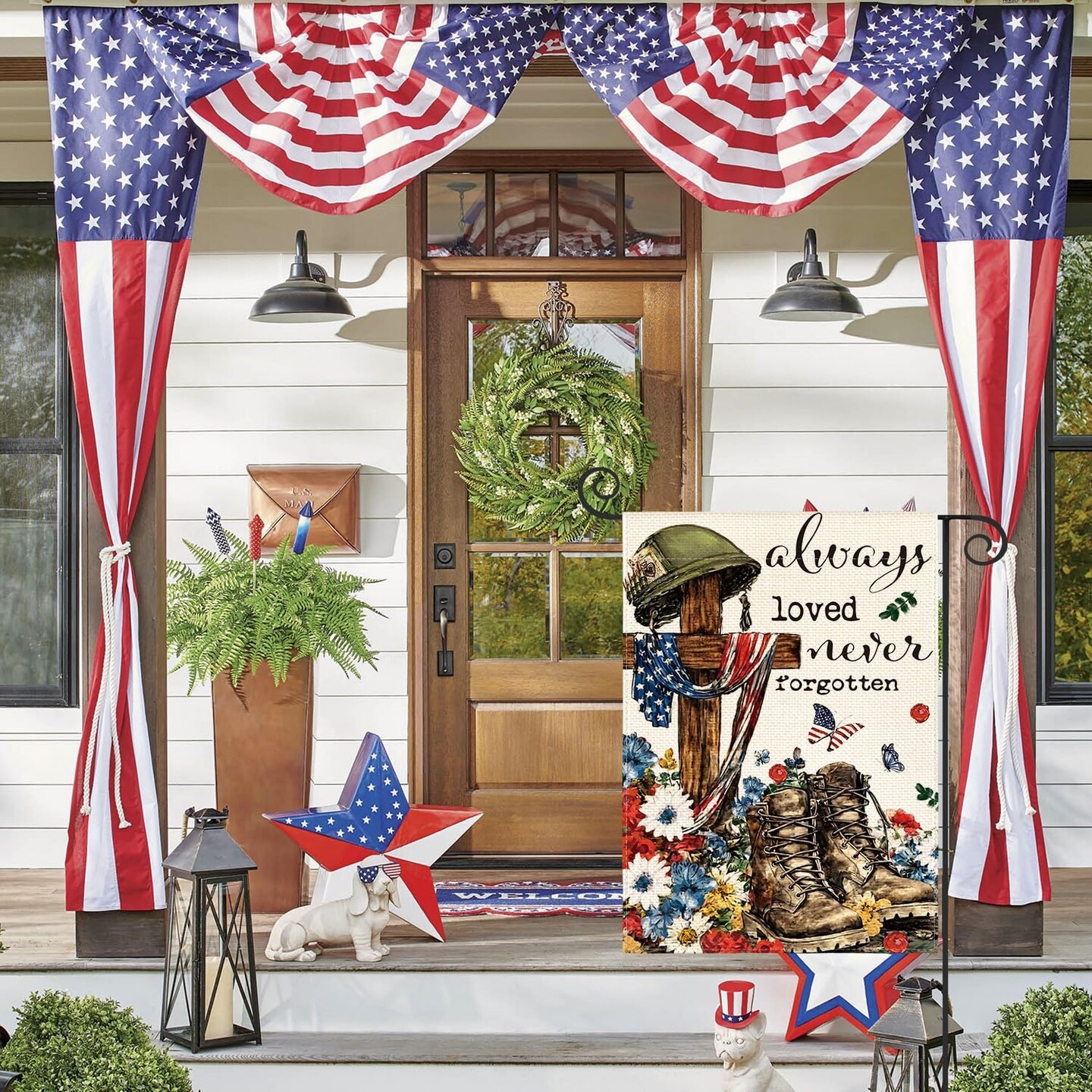 Memorial Day Always Loved Never Forgotten Heroes Garden Flag 12x18 Inch Double Sided, Military Soldiers Boots Patriotic Veteran Yard Outdoor Decoration