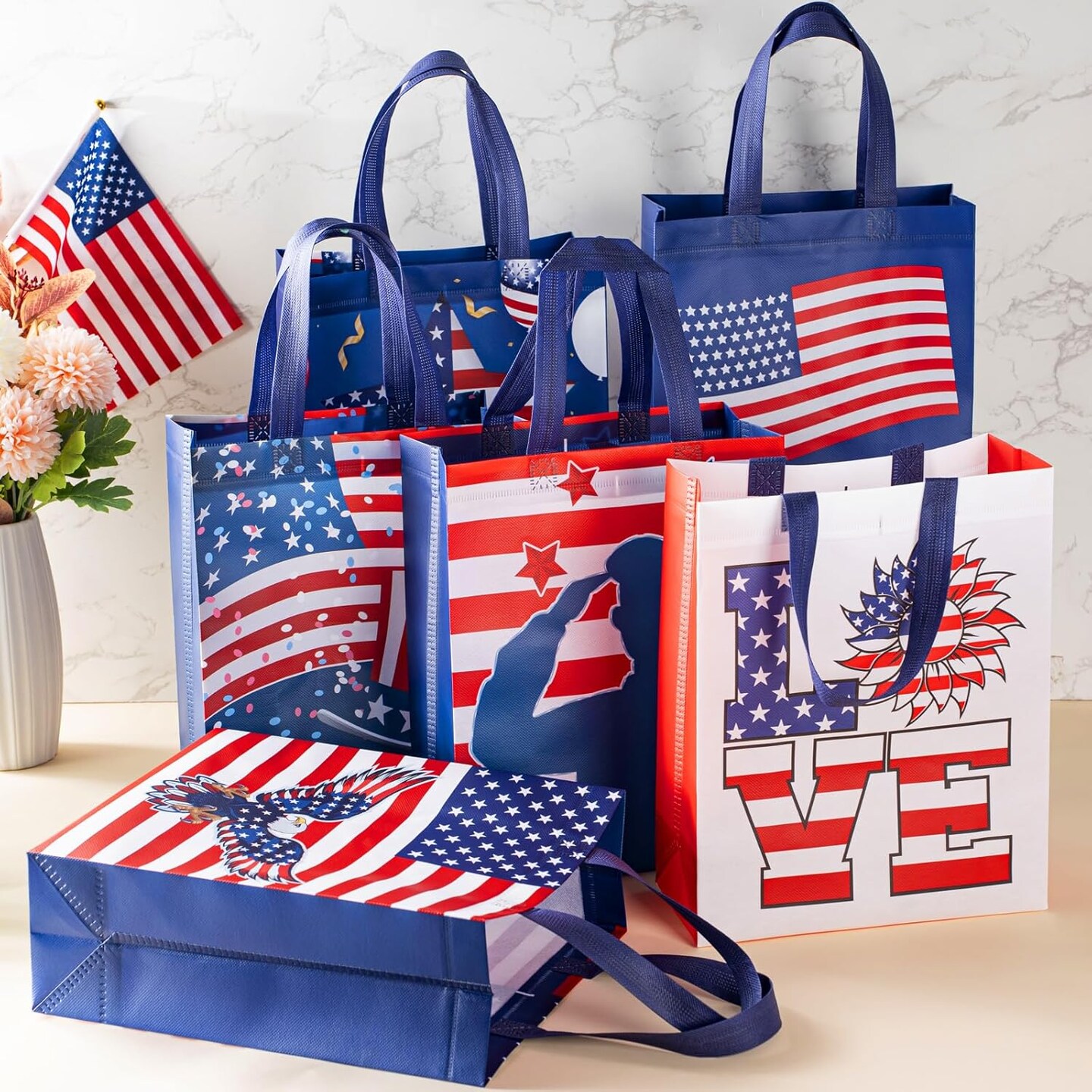 60 Pcs Patriotic Gift Bags Bulk Non Woven American Flag Party Favor Bags with Handles Memorial Day 4th of July Party Supplies