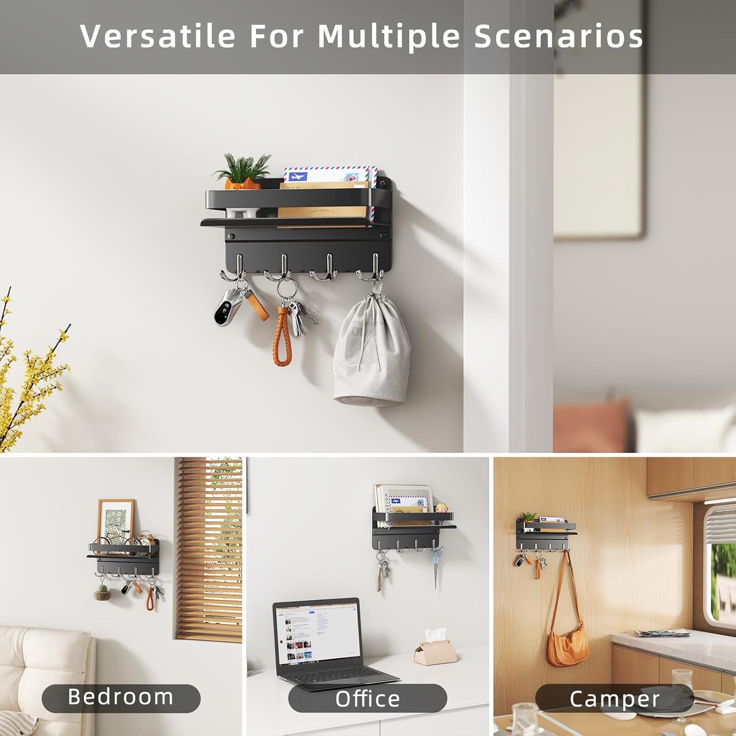 Key Holder for Wall,Mail Organizer Wall Mount with Shelf Includes Key Hook and Wallet Holder,Hanging Key Rack with Sunglasses Storage, Decorative with 4 Double Hooks and Shelf