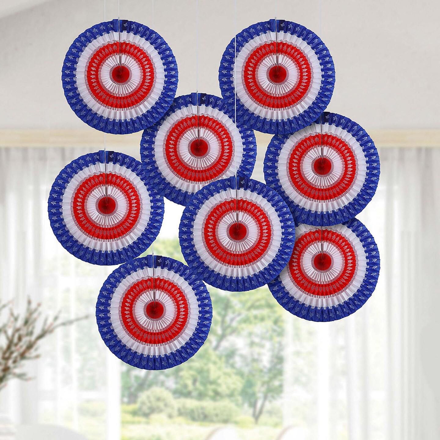 20" diam Patriotic Stars & Stripes Cutout Hanging Paper Fans 12 Pieces