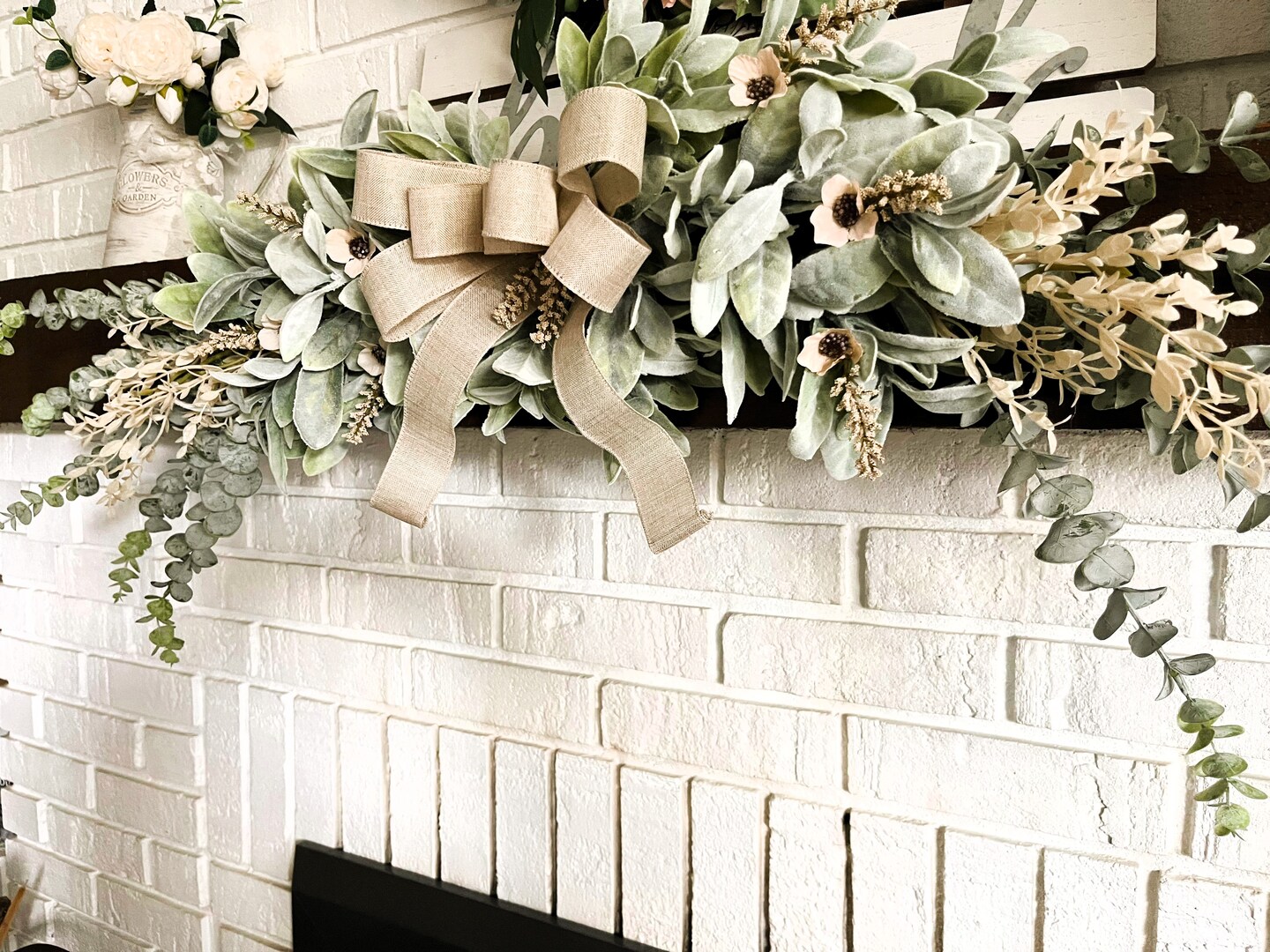 XL Farmhouse Swag, Neutral Bow, Lambs Ear, Eucalyptus, French