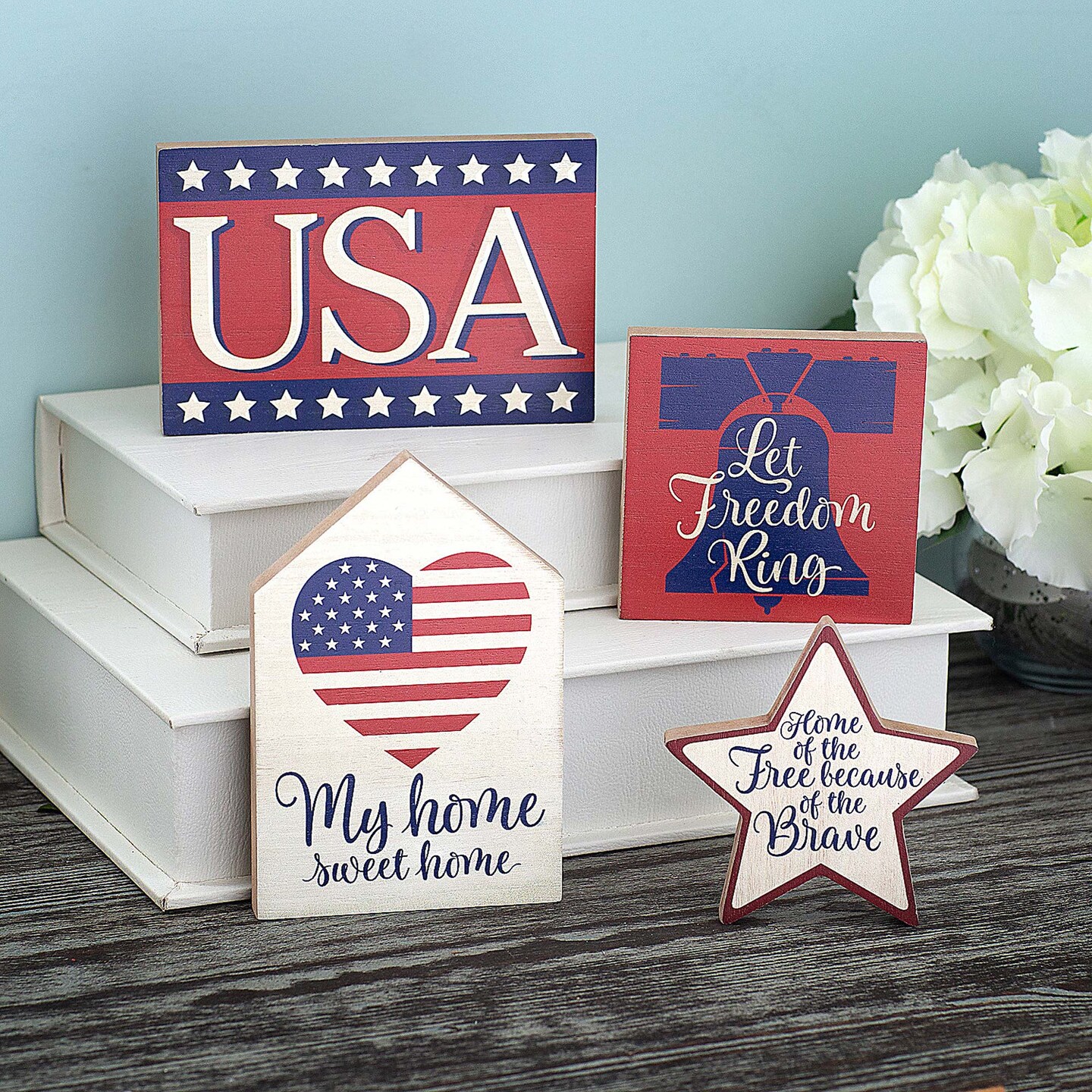 4th of July Patriotic Tabletop Wood Blocks 4 Pieces