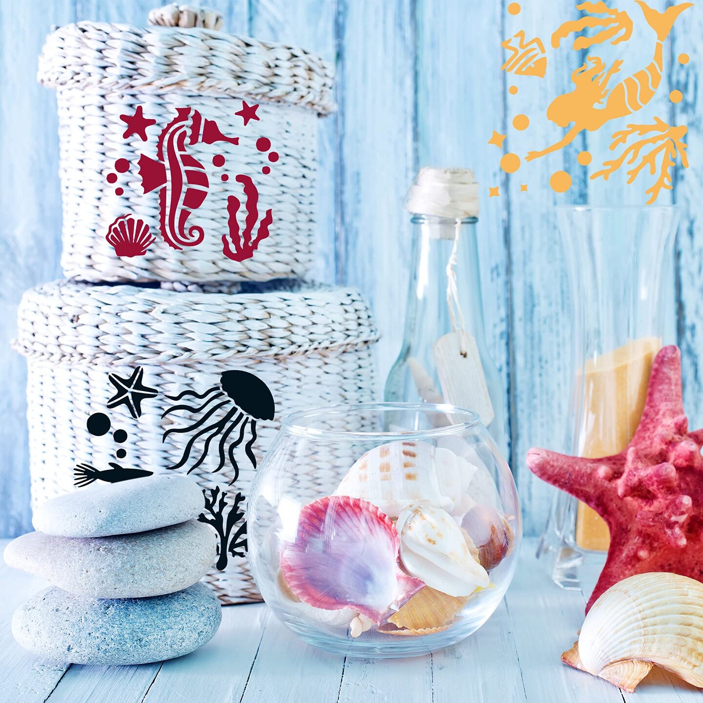 30 Pieces Sea Ocean Creatures Stencils 5 x 5 Inch Ocean Templates for Painting Sea Animal DIY Pattern Templates Mermaid Stencils on Wood for Scrapbooking Drawing Tracing Furniture Wall Crafts