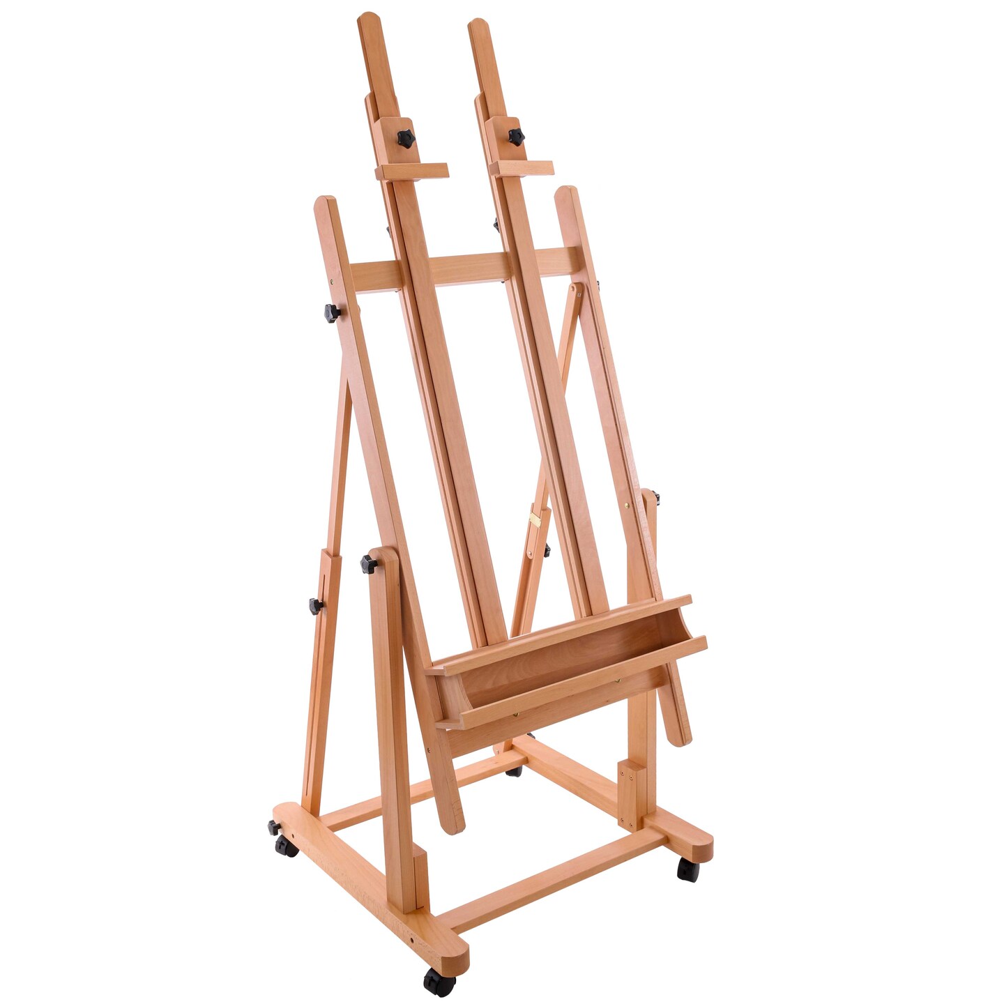 Extra Large Double Mast Wooden H-Frame Easel: Adjustable Studio Artist Easel for Painting with Rotating Canvas Stand, Artist Storage Tray &#x26; Locking Pro Caster Wheels, Premium Beechwood