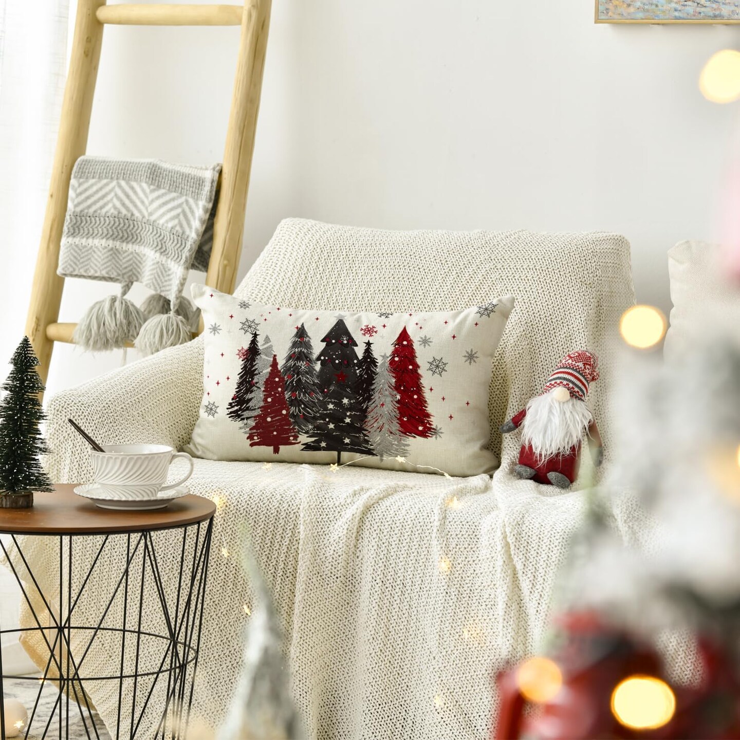 Red and Black Merry Christmas Trees Snowflake Throw Pillow Cover, 12 x 20 Inch Seasonal Winter Holiday Cushion Case Decoration for Sofa Couch