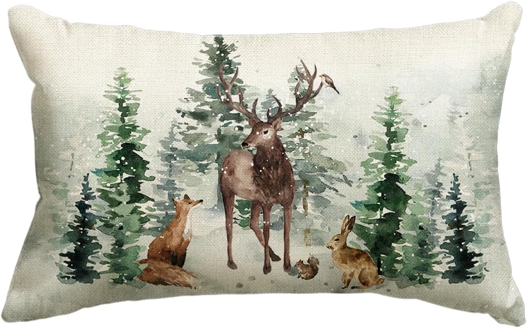 Christmas Trees Reindeer Throw Pillow Cover, 12 x 20 Inch Xmas Winter Holiday Animals Cushion Case Decoration for Sofa Couch