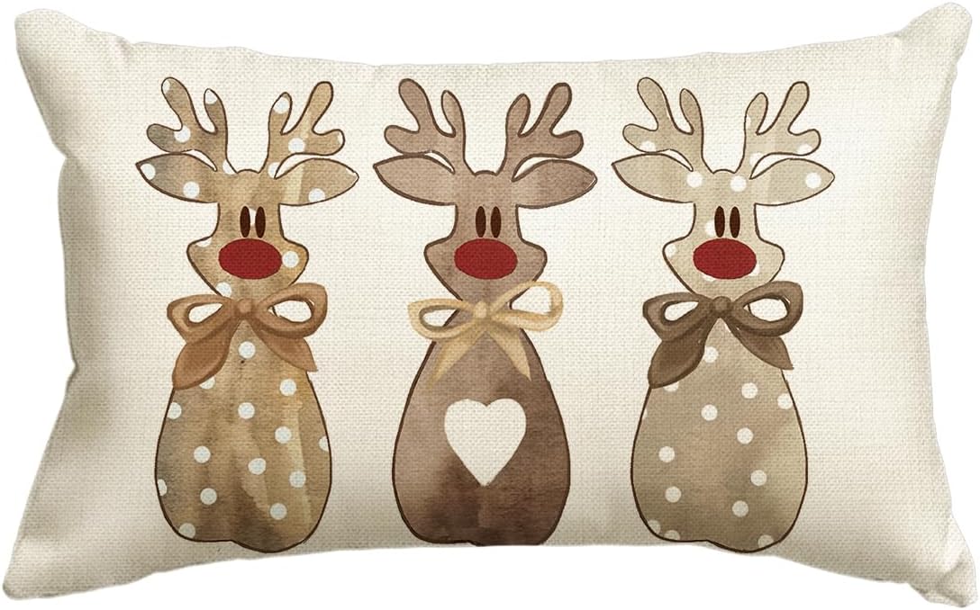 Christmas Polka Dot Love Heart Reindeer Throw Pillow Cover, 12 x 20 Inch Bow Winter Holiday Xmas Cushion Case Decoration for Sofa Couch