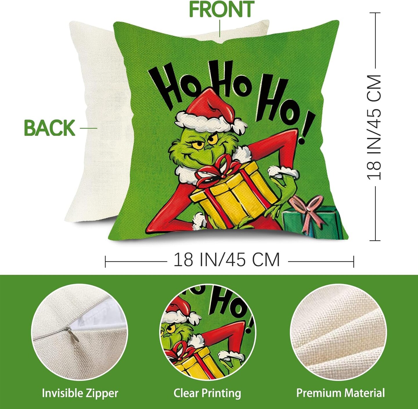 Merry Christmas Decorative Throw Pillow Covers 18x18 Set of 4, Hohoho Xmas Gift Wreath Santa Hat Green Black Porch Outdoor Home Decor, Stink Stank Stunk Winter Holiday Decorations Cushion Case