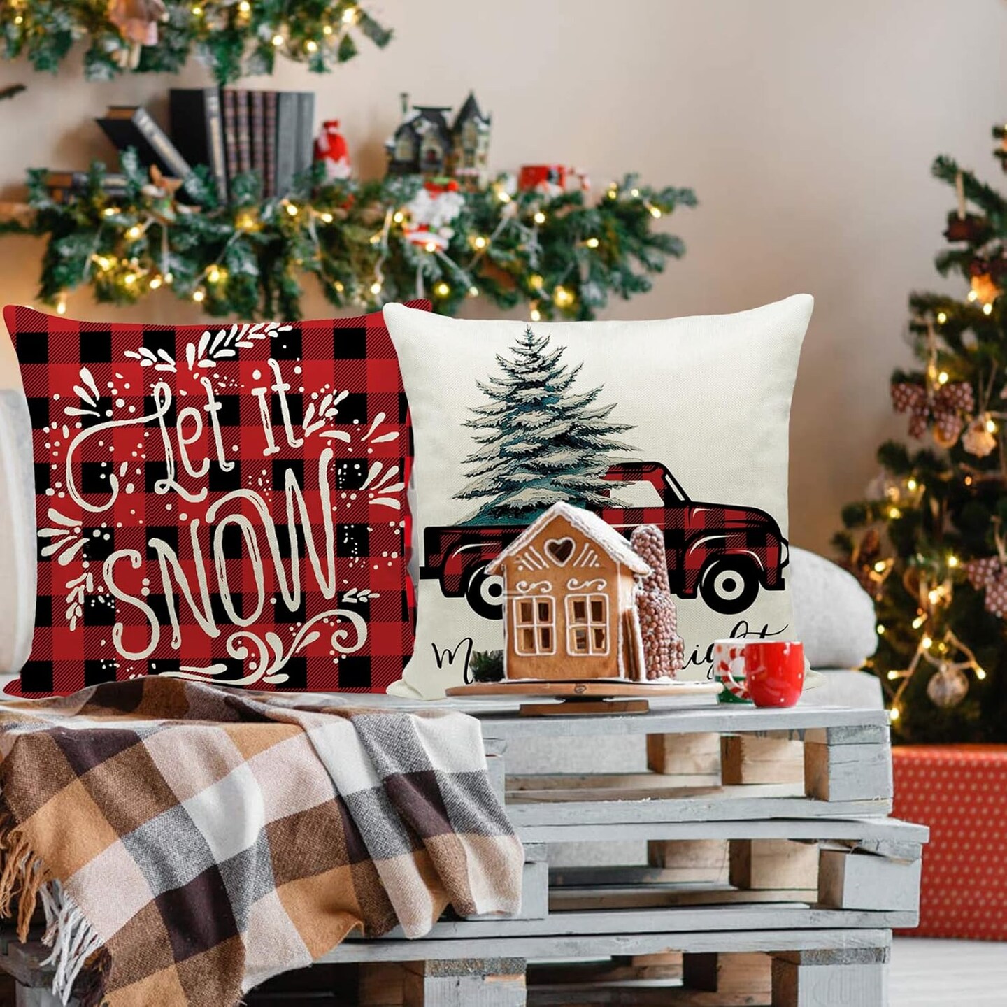 Christmas Pillow Covers 18 x 18 Inches Set of 4 - Xmas Series Cushion Cover Case Pillow Custom Zippered Square Pillowcase