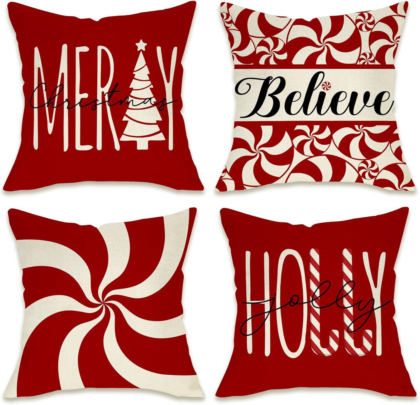 Merry Christmas Tree Decorative Throw Pillow Cover 18 x 18 Set of 4, Xmas Red Candy Canes Porch Patio Outdoor Pillowcase, Winter Holiday Holly Jolly Gifts Cushion Case Home Decor