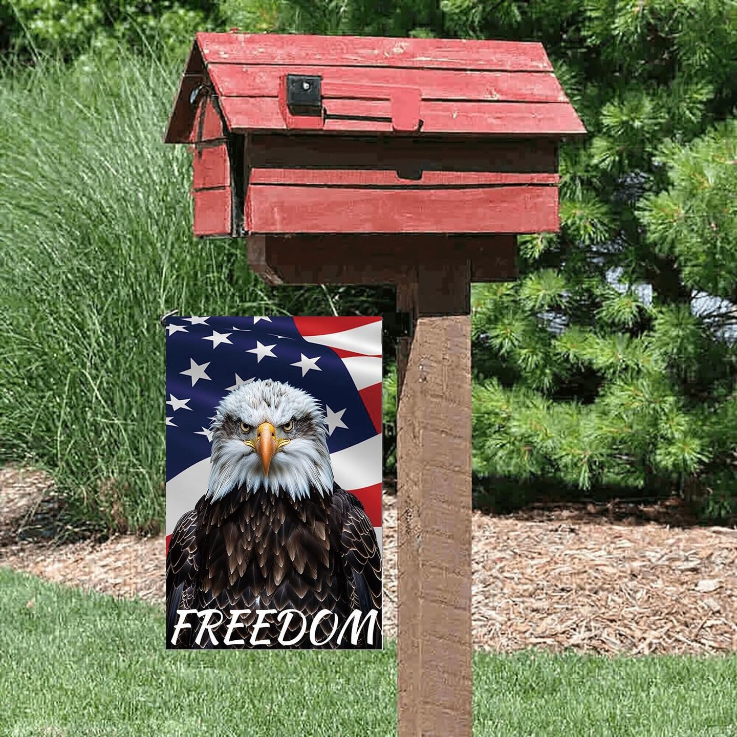 Bald Eagle Freedom Garden Flag - Bald Eagle with American Flag and &#x27;FREEDOM&#x27; Banner