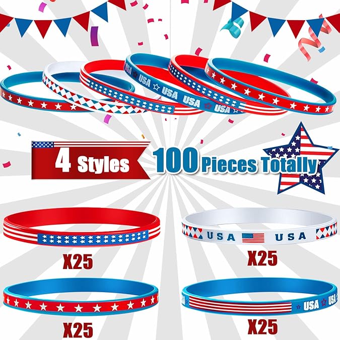 100 Pcs USA Rubber Wristbands Bulk American Flag Silicone Stretchable Bracelet Patriotic Veterans Rubber Bracelets Red White Blue