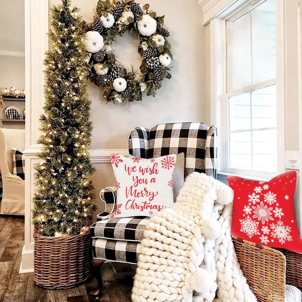Christmas Throw Pillow Covers 18x18, Christmas Pillows Cover for Patio Couch, Reindeer Snowflake Merry Christmas Holiday Xmas Winter Pillow Case for Christmas Decoration, 4 Pack