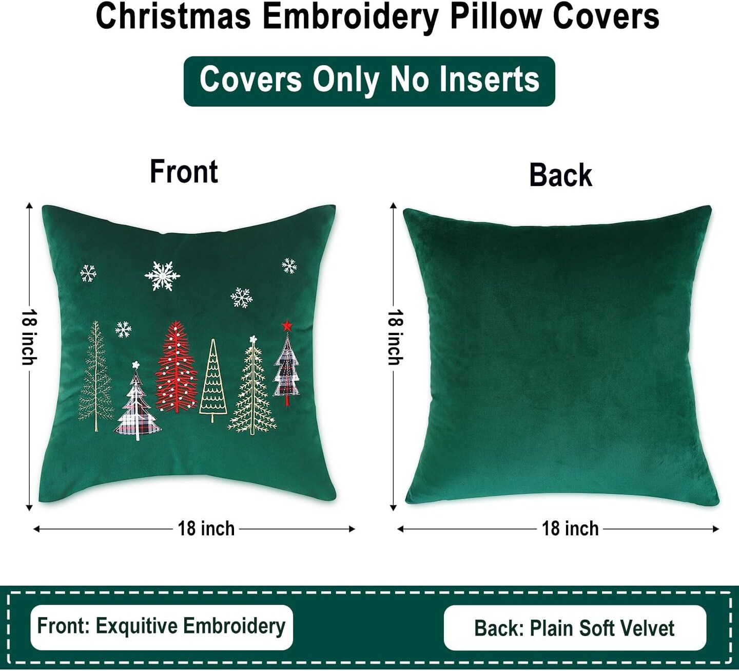Christmas Embroidery Throw Pillow Covers 18x18 inch Set of 2 Christmas Dec Velvet Pillowcases Forest Green Christmas Tree Cushion Pillow Cases Soft Square Holiday Pillowcase