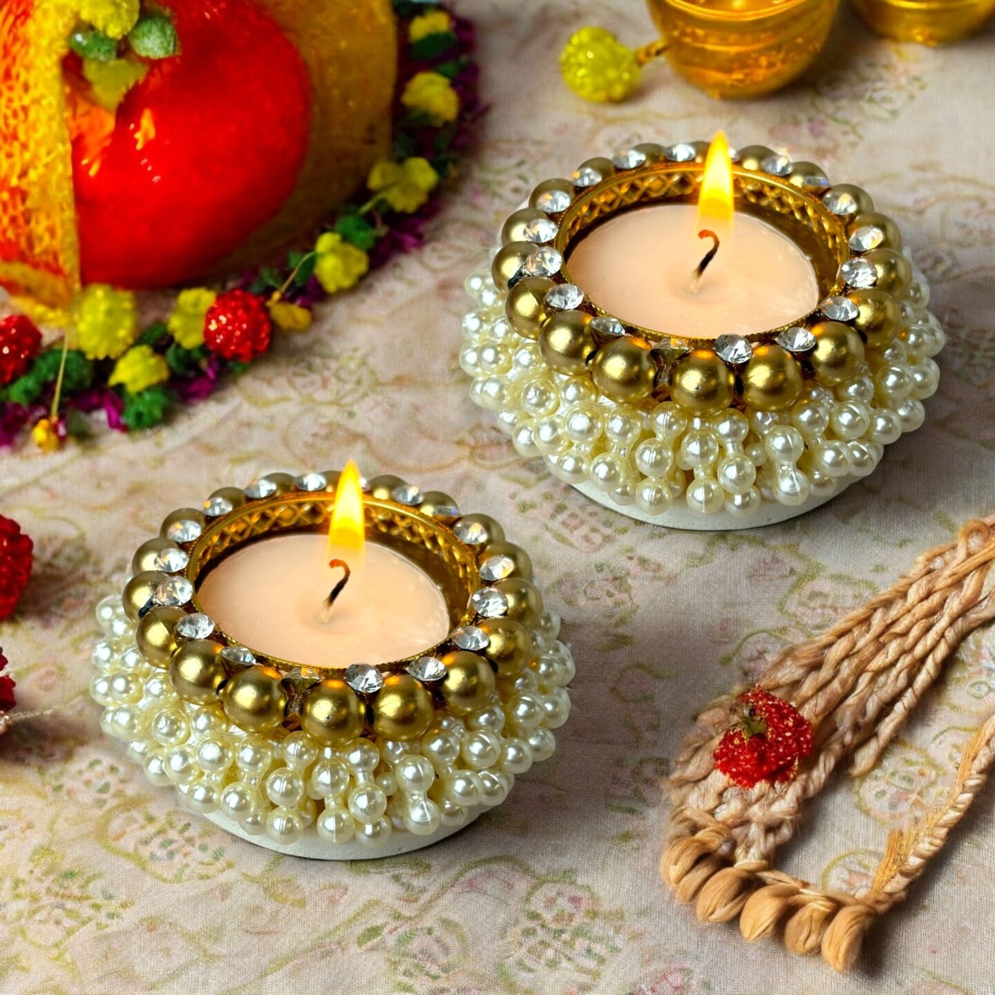4 Pcs Pearl Tealight Candle Holder Festival of Light Decorative T-light Holder for Diwali Navratri Christmas Thanksgiving Housewarming Gift Candle Stand for Centerpiece Table Home Decor
