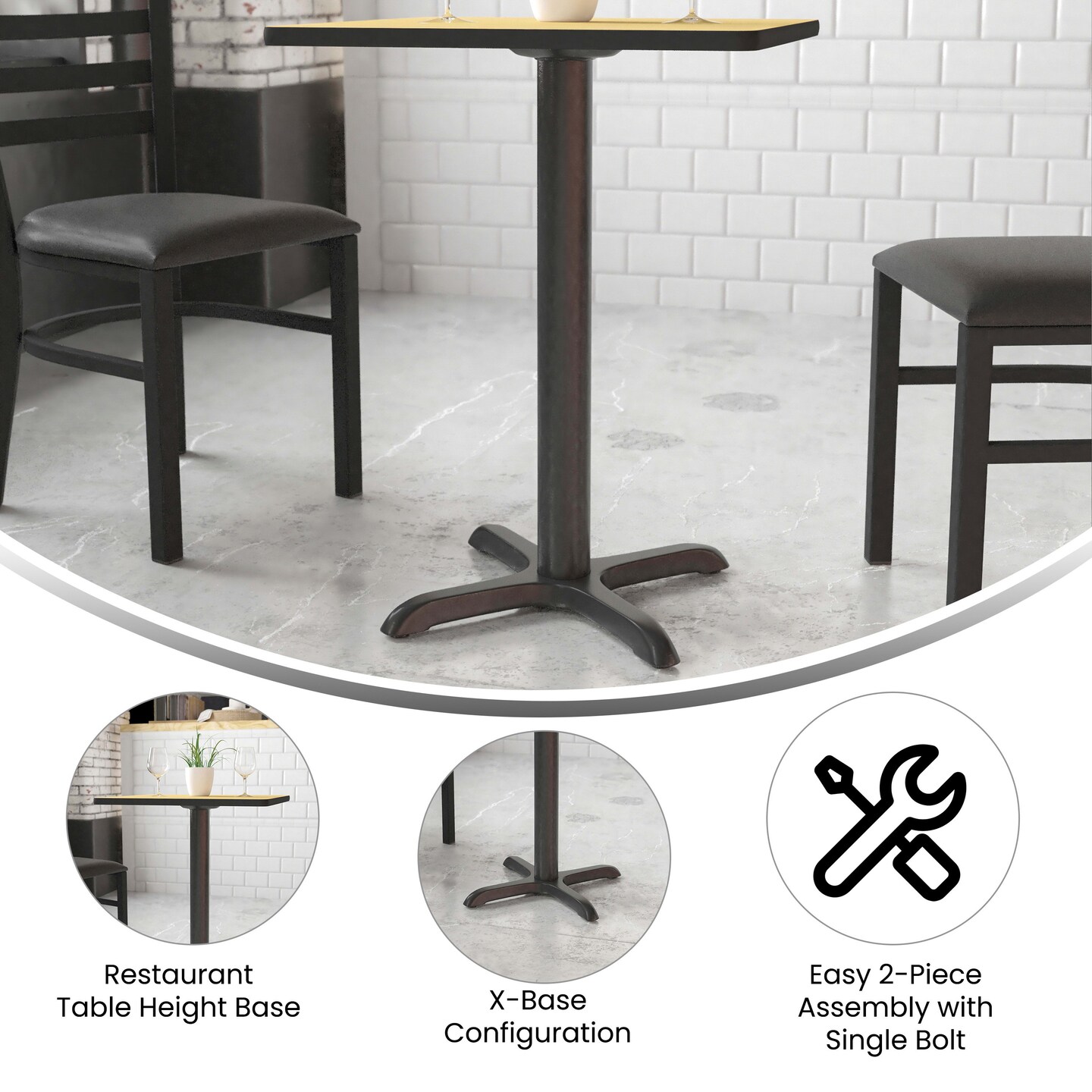 Emma and Oliver 22'' x 22'' Restaurant Table X-Base with 3'' Dia. Table Height Column