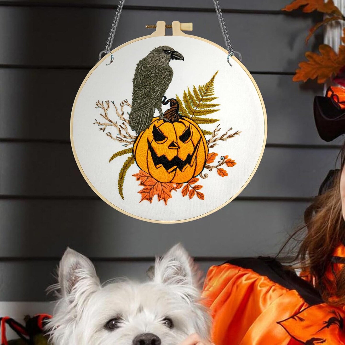 Gothic Halloween Embroidery Kit for Beginners – Stamped Cross Stitch Needlepoint Set with 3 Hoops, Pumpkin, Skull & Raven Designs, Includes Threads, Needles & Video Tutorial QR Code (White)