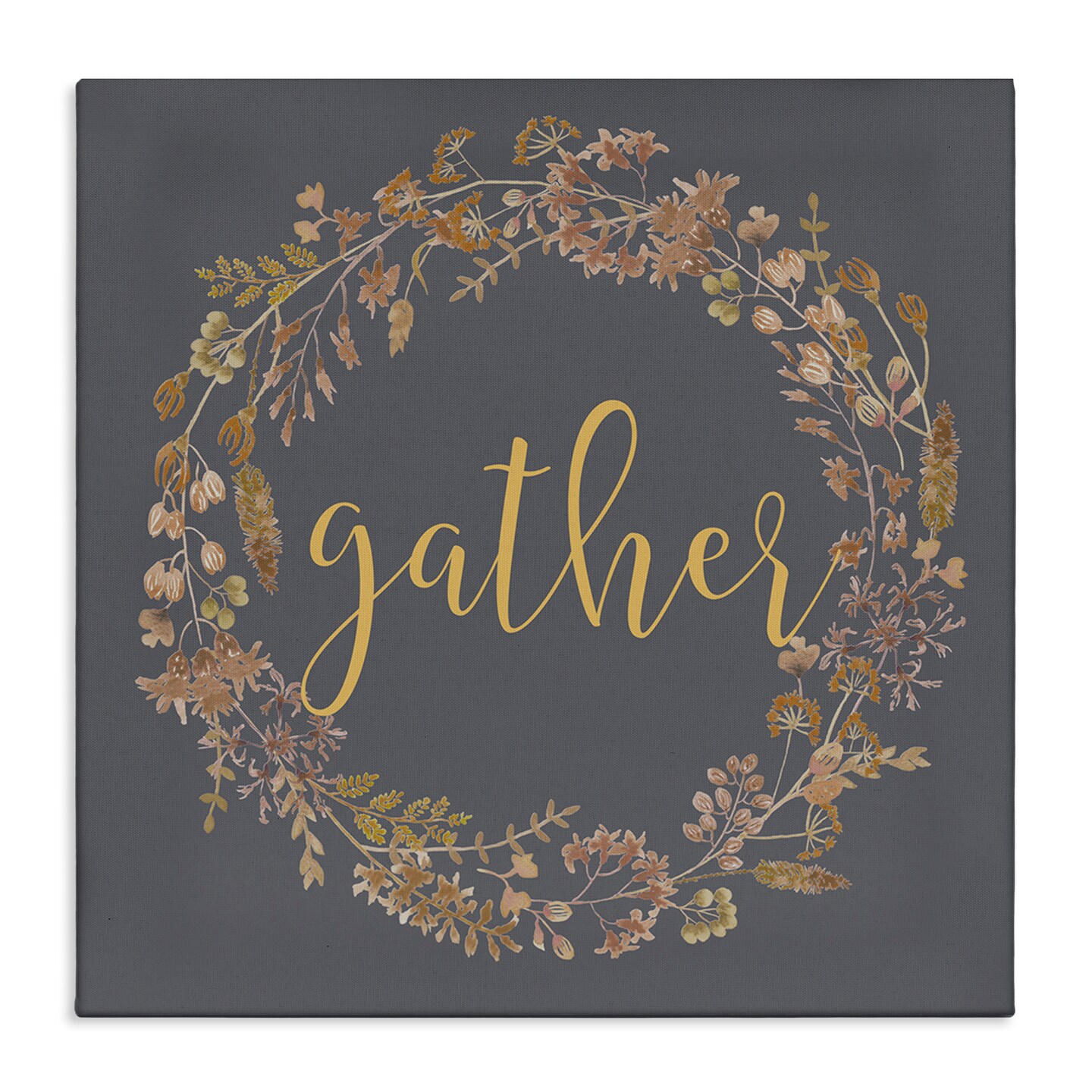 Gather Calligraphy Rustic Autumn Botanical Blooms Wreath  Canvas Art