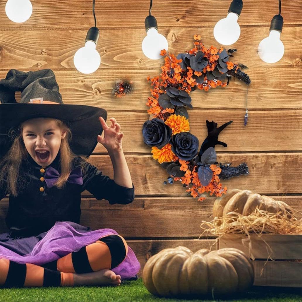 Halloween Wreaths Moon Cat Wreath Garland for Front Door with Lights - Yellow