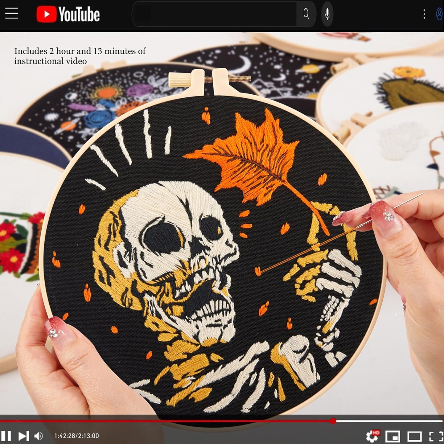 Gothic Halloween Embroidery Kit for Beginners – Stamped Cross Stitch Needlepoint Set with 3 Hoops, Pumpkin, Skull & Raven Designs, Includes Threads, Needles & Video Tutorial QR Code (White)