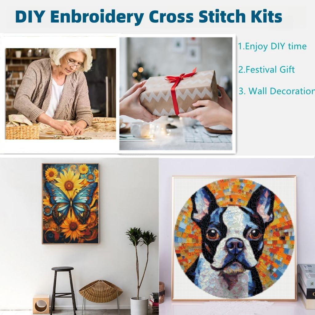 Red Truck with Christmas Tree Golden Retrievers DIY 11CT Stamped Cross Stitch Kits for Beginners Easy Needlepoint