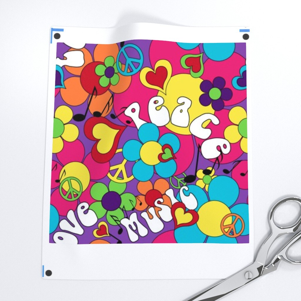 1960S, Psychedelic, Colorful, 1967, Summer, Love, Hippie, Peace, Daisy, Flowers, Hearts, Music Notes, Retro, Vintage Custom Printed Fabric by Spoonflower Various Fabrics by the Yard or Fat Quarter
