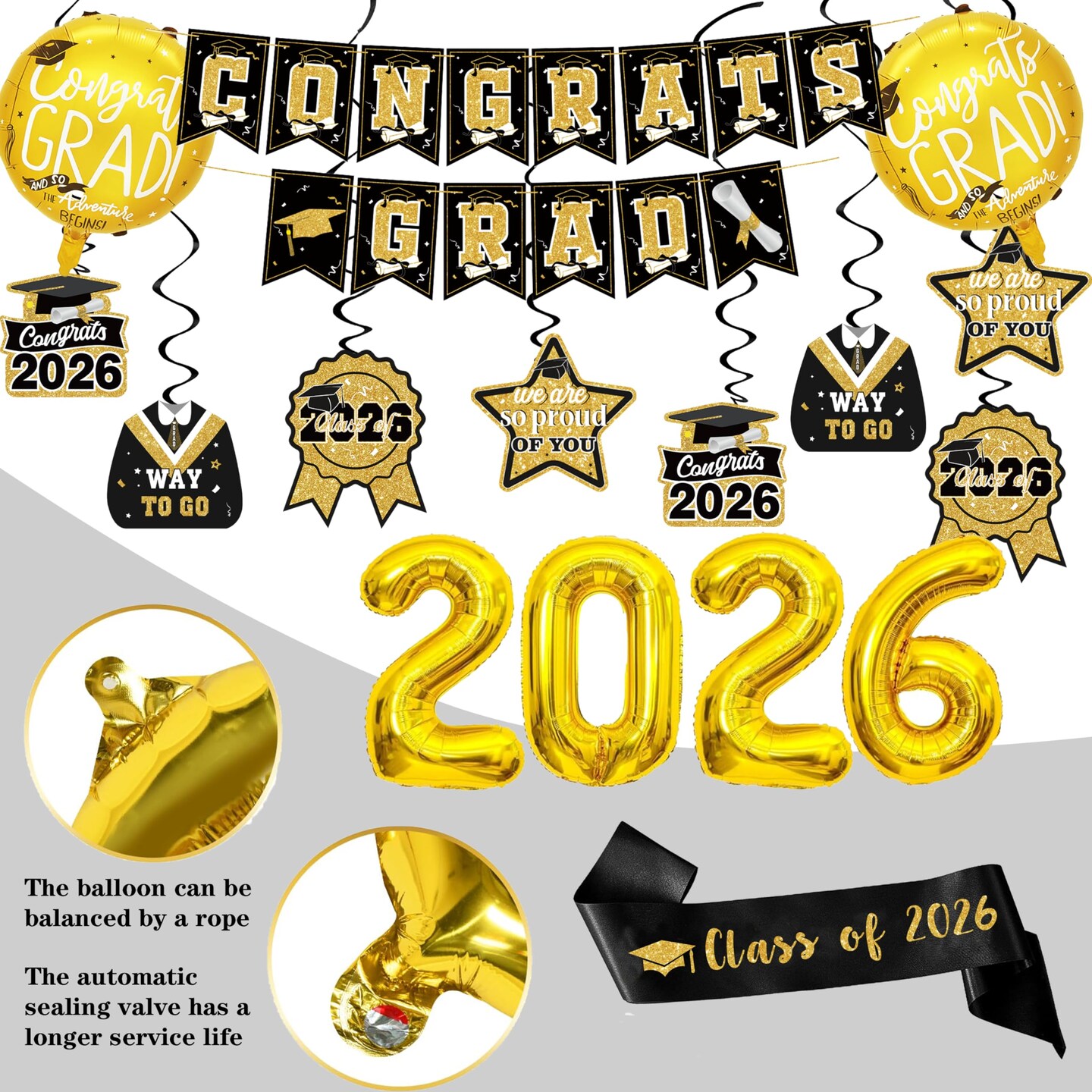 Black and Gold Graduation Decorations 2026 Class of 2026 Decorations - Includes 32 Inch Gold 2026 Balloons, Congrats Grad Banner, Tablecloth, Sash, Centerpieces - College High School Party Supplies
