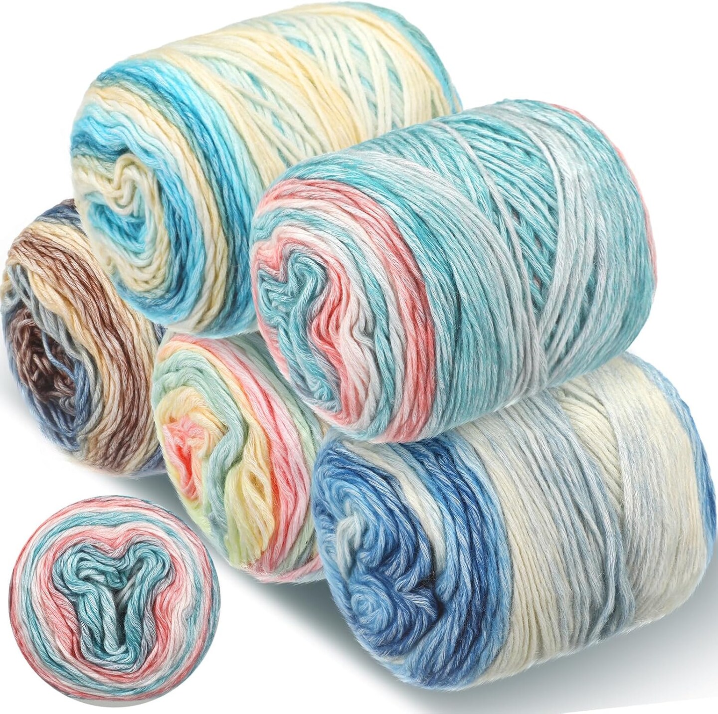5 Rolls Ombre Cake Yarn – 3.5oz/100g, 328yds Multicolor Self-Striping Gradient Yarn – Soft Cotton/Acrylic/Wool Blend for Crocheting & Knitting Scarves, Shawls, Blankets (Blue)