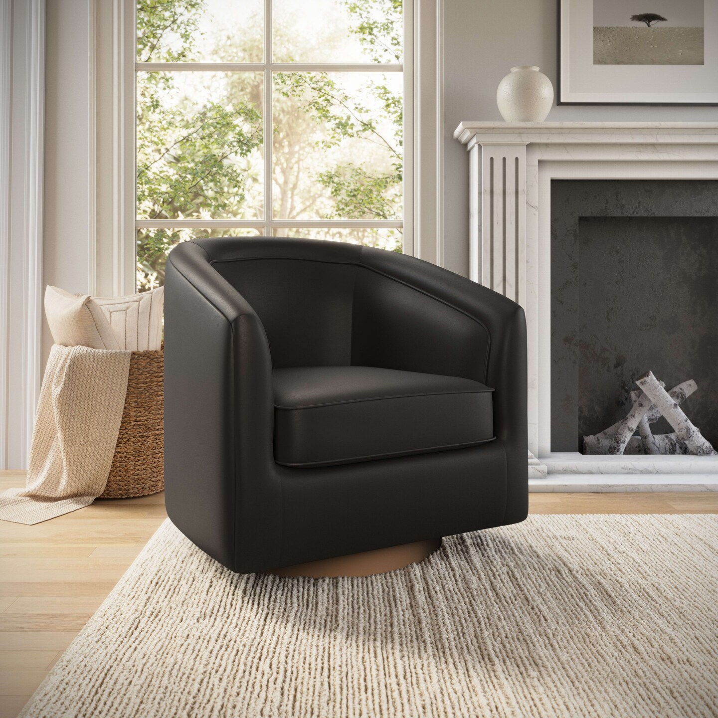 Emma and Oliver Della Club Style Barrel Accent Chair with 360 Degree Swivel Base and Sloped Armrests