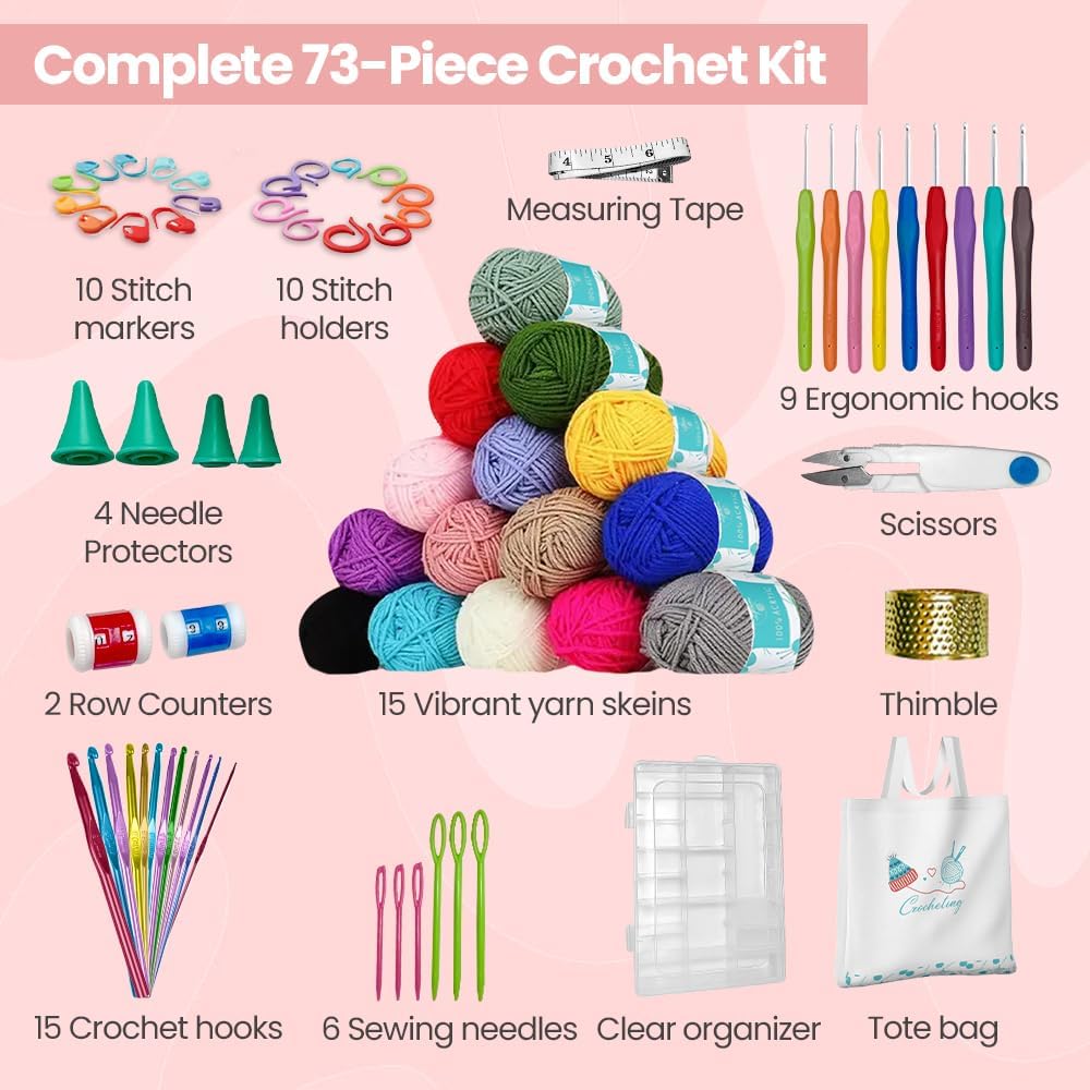 Starter Crochet Kit for Beginners & Adults – 73-Piece Set with 15 Vibrant Yarn Skeins, Ergonomic Hooks, Tote Bag & Organizer – Perfect Crochet & Knitting Starter Kit