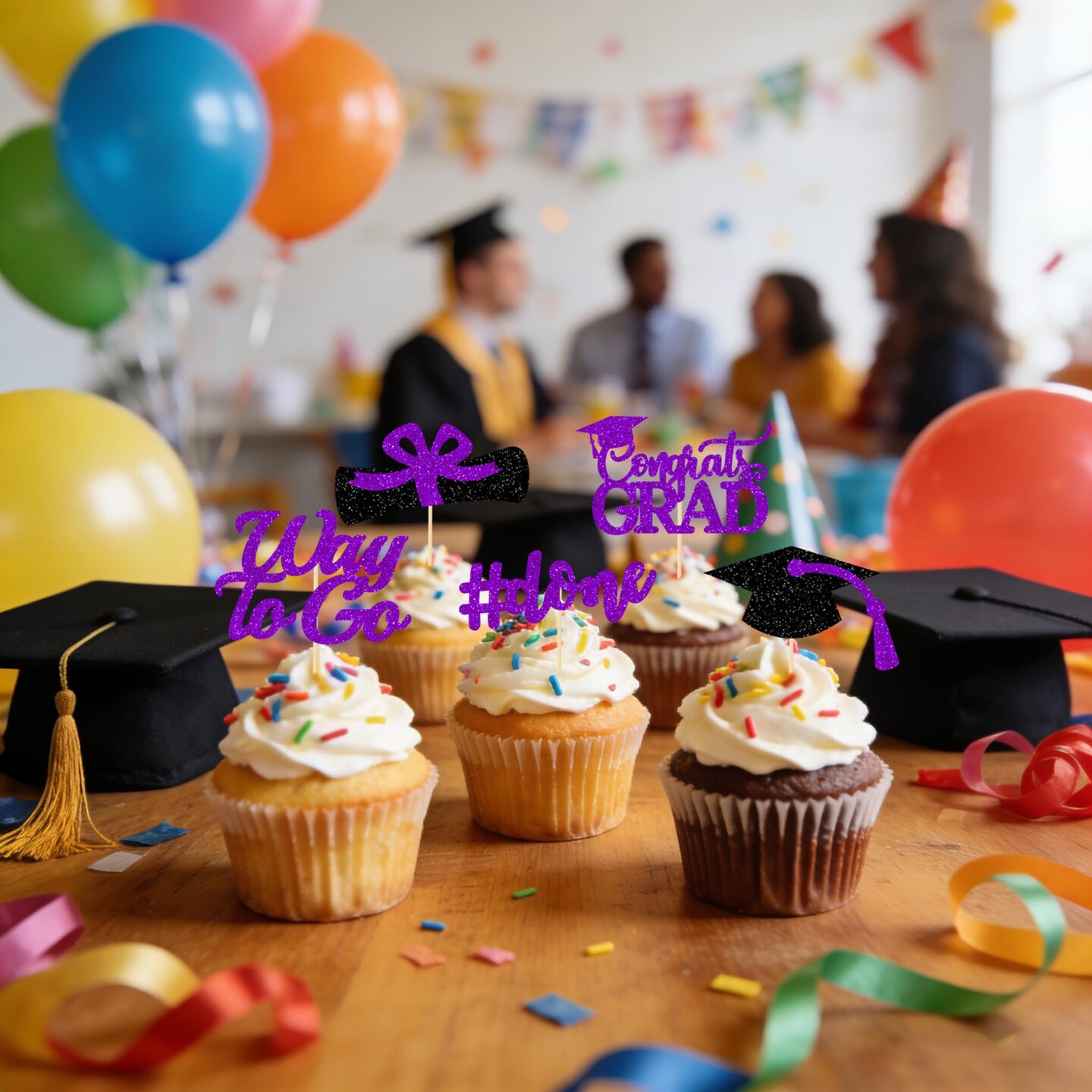 Graduation Decorations 2026 Purple, Graduation Cupcake Toppers 2026 Purple Black, Glitter Class of 2026 Cupcake Toppers Supplies, Class of 2026 Congrats Grad Cap Diploma Cupcake Picks - 40Pcs