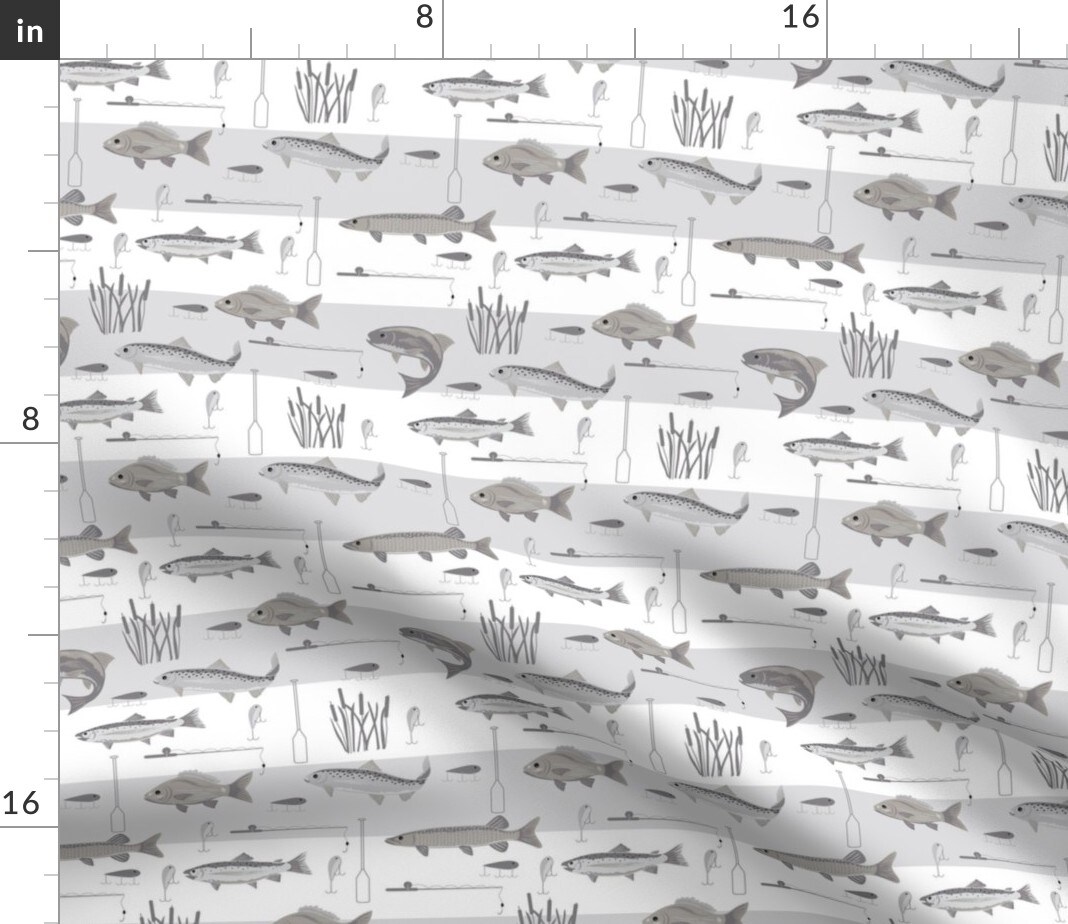 fabric with fish hooks Gray Trout Bass Fish Hooks Fishing Lures White Lake River Custom Printed  Fabric by Spoonflower Various Fabrics by the Yard or Fat Quarter, Color: