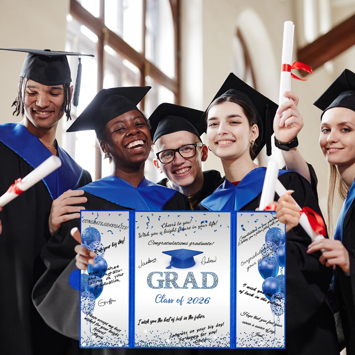 Blue Silver Graduation Party Decorations, Blue Class of 2026 Congratulations Graduates Alternative Signature Guest Book for Men Happy Graduation Gifts Congrats Grad Party Signing Card Board